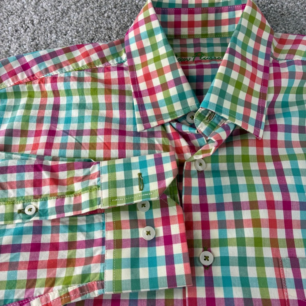 Alan Flusser Mens M Checkered Button Down Shirt Cotton Multi Color Casual Career